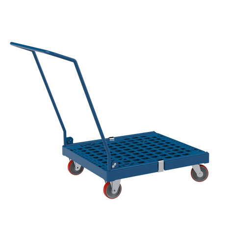 Plastic pallet with handle, dark blue RAL 5010,  125 mm PU Rollen